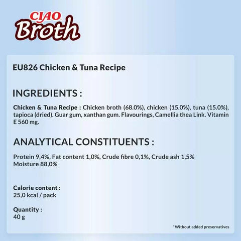 Ushqim i lëngëshëm për mace, Ciao Broth Chicken & Tuna, 40 gr.