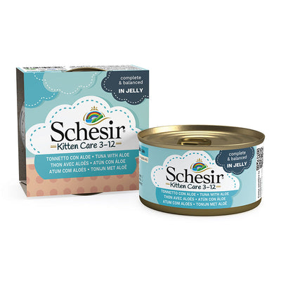 Ushqim i lëngshëm për kotele, Schesir kitten care 3-12 me tuna dhe aloe, 85 gr