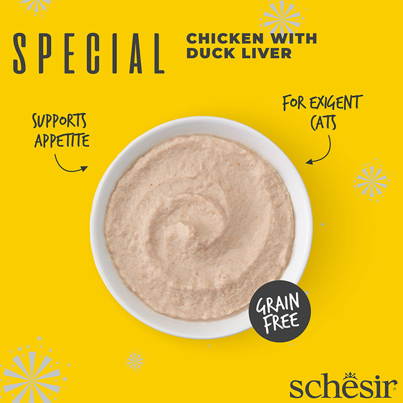 Ushqim i lëngëshëm për mace Schesir, Exigent, pulë & mëlqi rose, 70 gr.