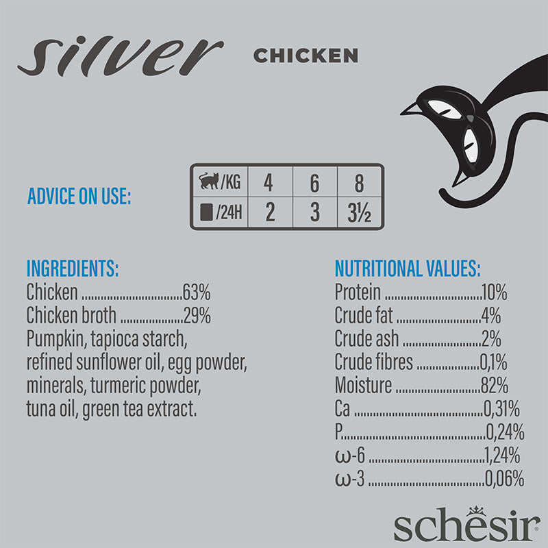 Ushqim i lëngëshëm për mace seniore, Schesir Silver, me pulë 80 gr.