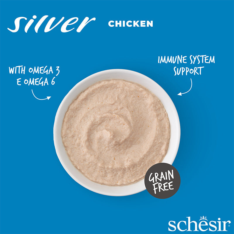 Ushqim i lëngëshëm për mace seniore, Schesir Silver, me pulë 80 gr.