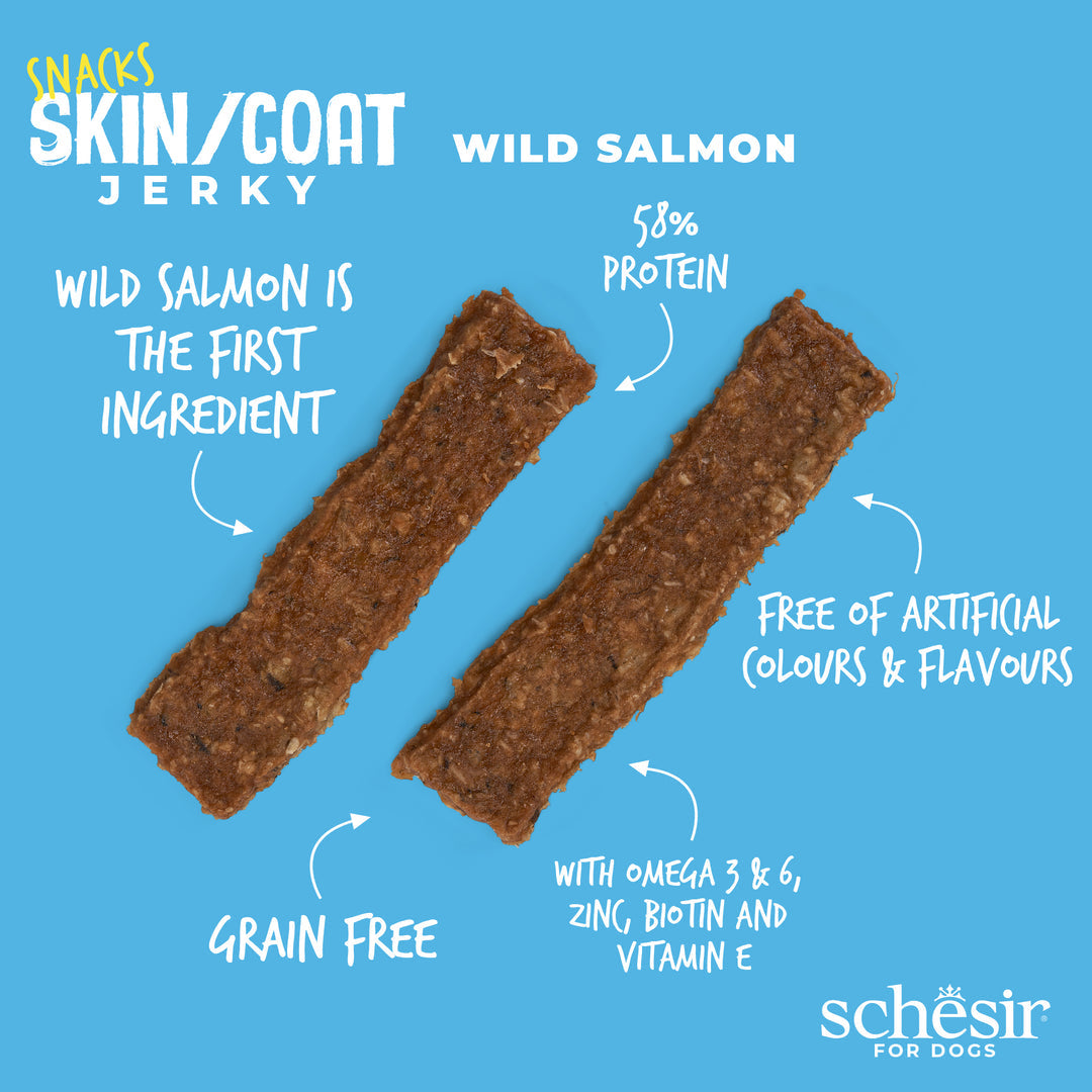 Shpërblime për qen,  Wild Salmon, Jerky, Grain Free, Schesir, 115 gr.