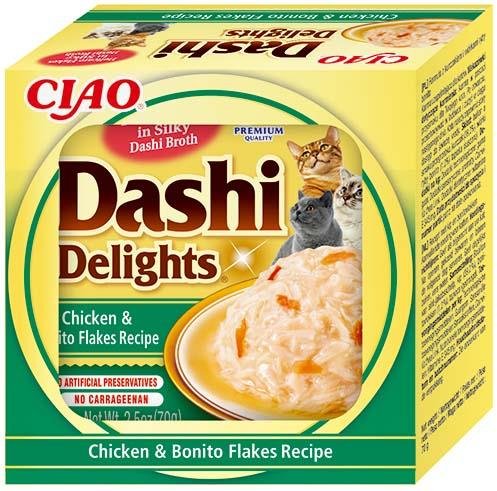 Ushqim i lëngëshëm për mace, Dashi Delights, pulë & copëza peshku,70 gr.