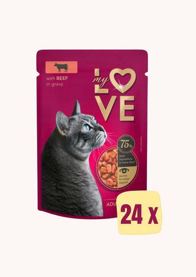 Ushqim i lëngëshëm për mace, me mish gjedhi, My Love, Beef in Gravy, 24 x 85 gr