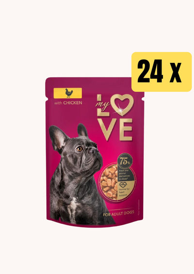 Ushqim i lëngëshëm për qen, pulë, mylove, 24 x 100 gr.