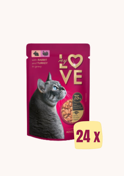 Ushqim i lëngëshëm për mace, me mish gjeldeti dhe lepur, My Love, Turkey in Gravy, 24 x 85 gr.