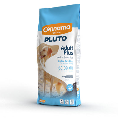 Ushqim i thatë për qen, Pluto Medium/Maxi pulë dhe gjeldeti, 15 kg
