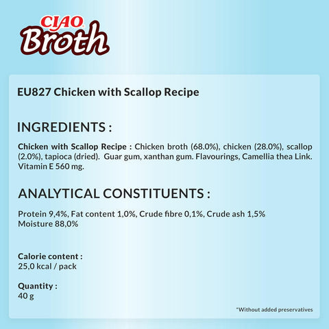 Ushqim i lëngëshëm për mace, Ciao Broth Chicken & Scallop, 40 gr.