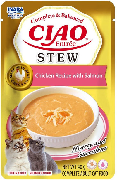 Ushqim i lëngëshëm për mace, Ciao Stew, Chicken & Salmon, 40 gr.