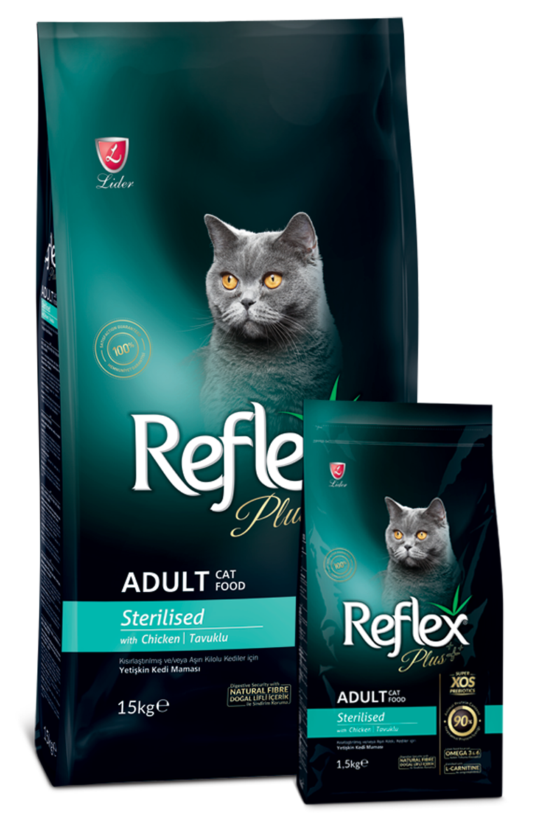 Ushqim për mace të sterilizuara, Reflex plus me pulë, 1,5 kg