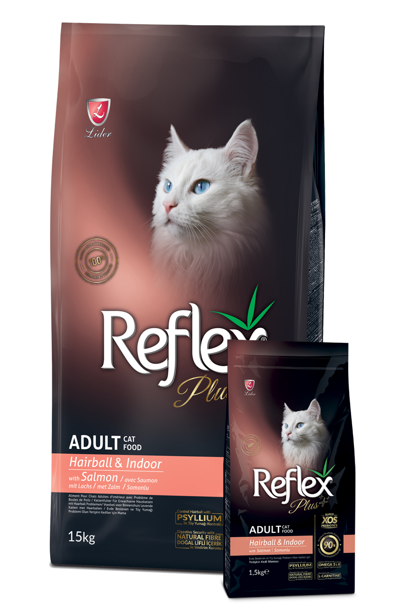 Ushqim për mace të rritura, Reflex plus Hairball me salmon, 1,5 kg