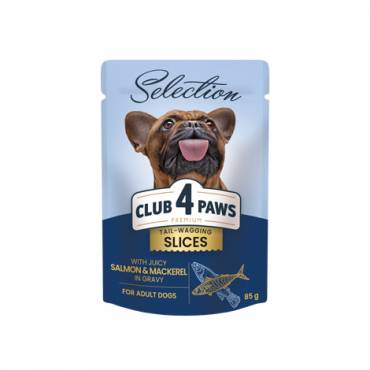 Ushqim i lëngëshëm për qen, Club 4 Paws premium, Salmon and Mackerel in gravy, 85 gr.