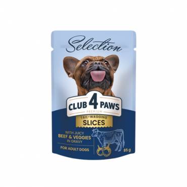 Ushqim i lëngëshëm për qen, Club 4 Paws premium, Beef and Veggies in gravy, 85 gr.